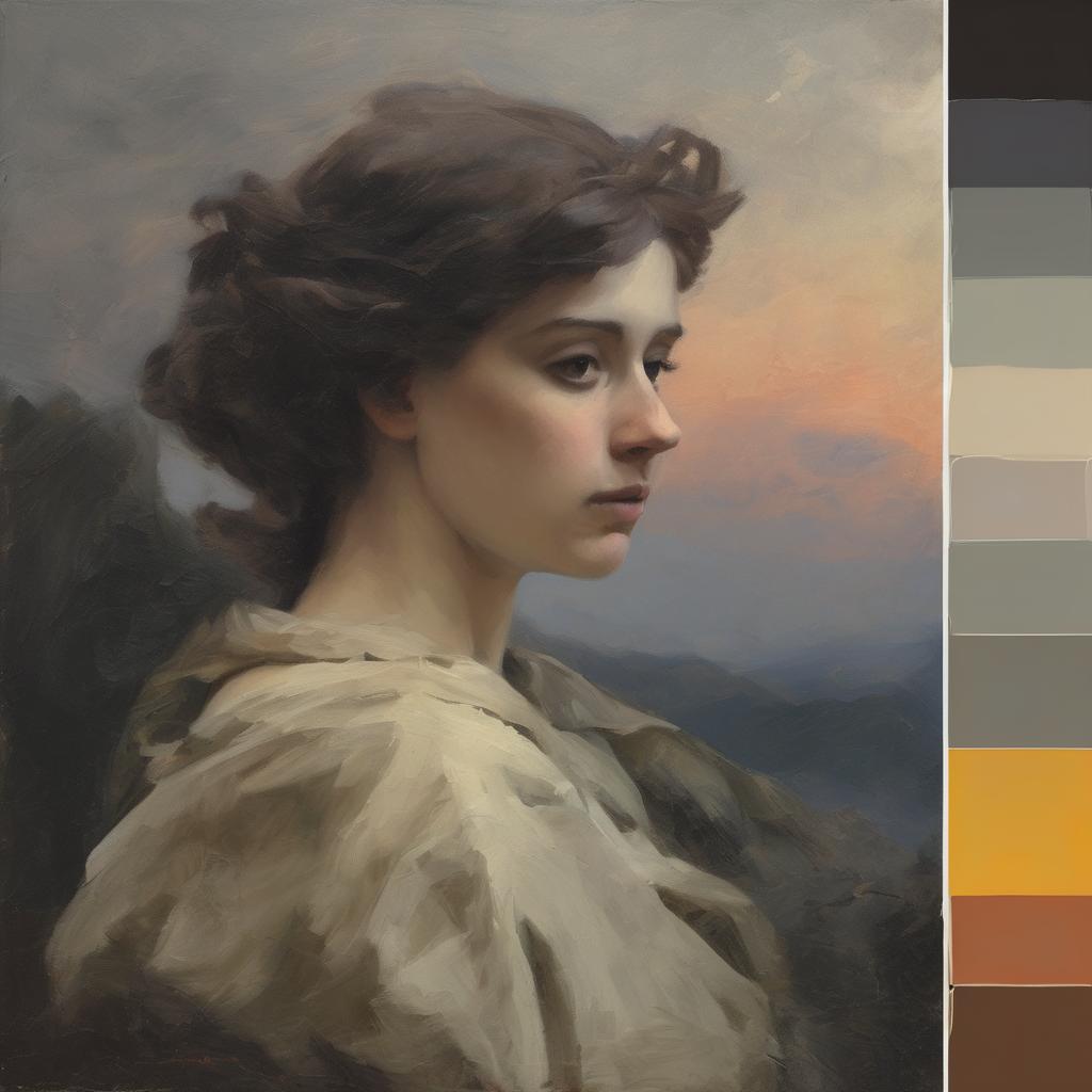 Ανθρώπινη μορφή γυναίκας σε πίνακα ζωγραφικής με ουρανό και βουνά, τέχνη και σύγχρονοι δημιουργοί.