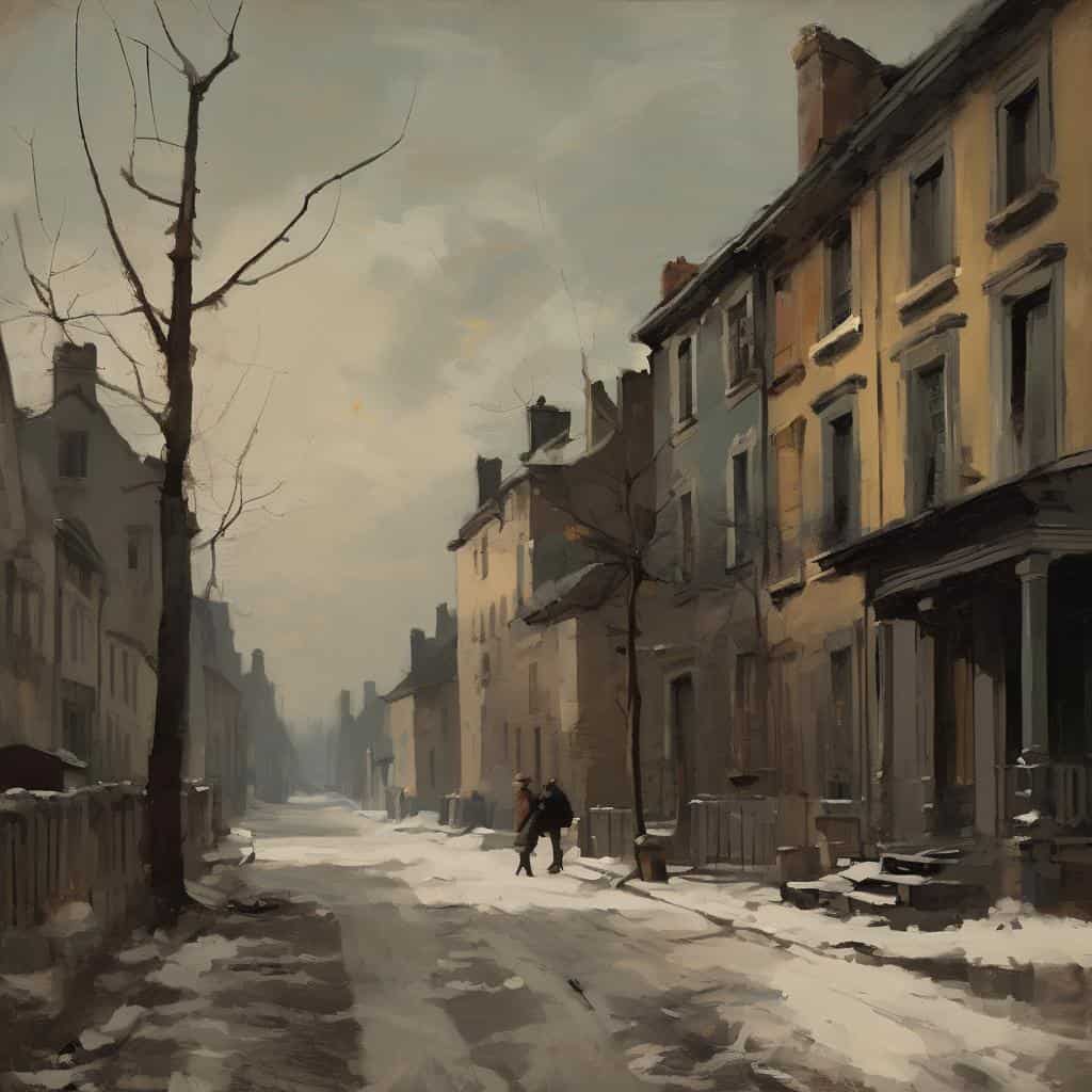 Μοντέρνο έργο τέχνης με αστικό τοπίο σε χειμωνιάτικη ατμόσφαιρα, σύγχρονοι δημιουργοί και τέχνη στην πόλη.